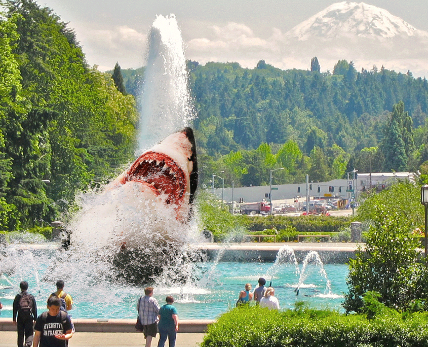 A shark in a fountain.