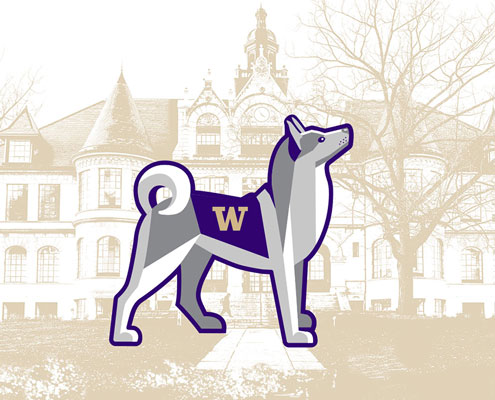 Stylized dog over light gold background of Denny Hall.